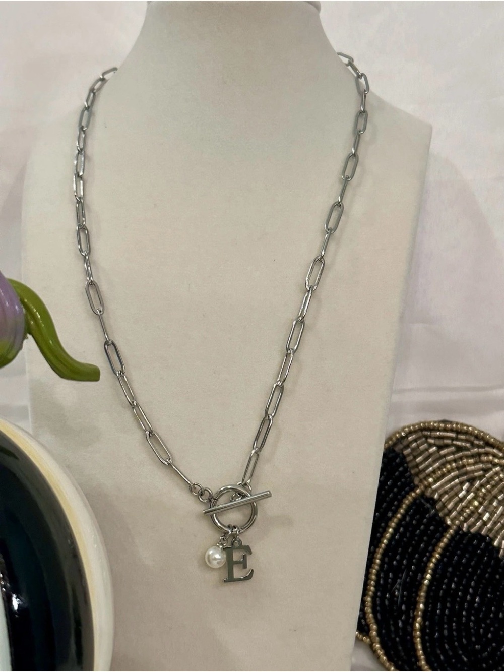 Unwritten Silvertone Paperclip chain Toggle Necklace initial E Charm Pearl